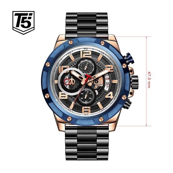Luxury watch with blue and rose gold accents on a white background, featuring the brand 'T5'.