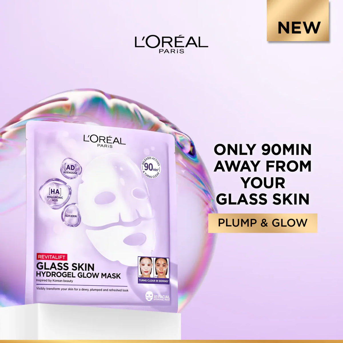 L'oréal Revitalift Glass Skin Hydrogel Glow Mask, Transform Your Skin For A Dewy, Plumped & Glass Skin In Only 90 Minutes