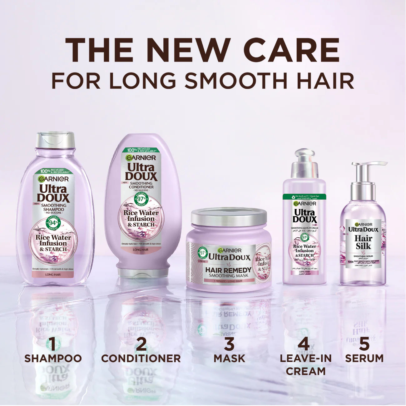Garnier Ultra Doux hair care product lineup with text 'The New Care for Long Smooth Hair'.