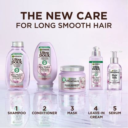 Garnier Ultra Doux hair care product lineup with text 'The New Care for Long Smooth Hair'.
