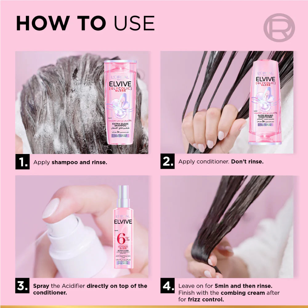 Elvive hair care product usage guide on a pink background
