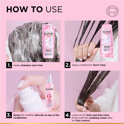 Elvive hair care product usage guide on a pink background