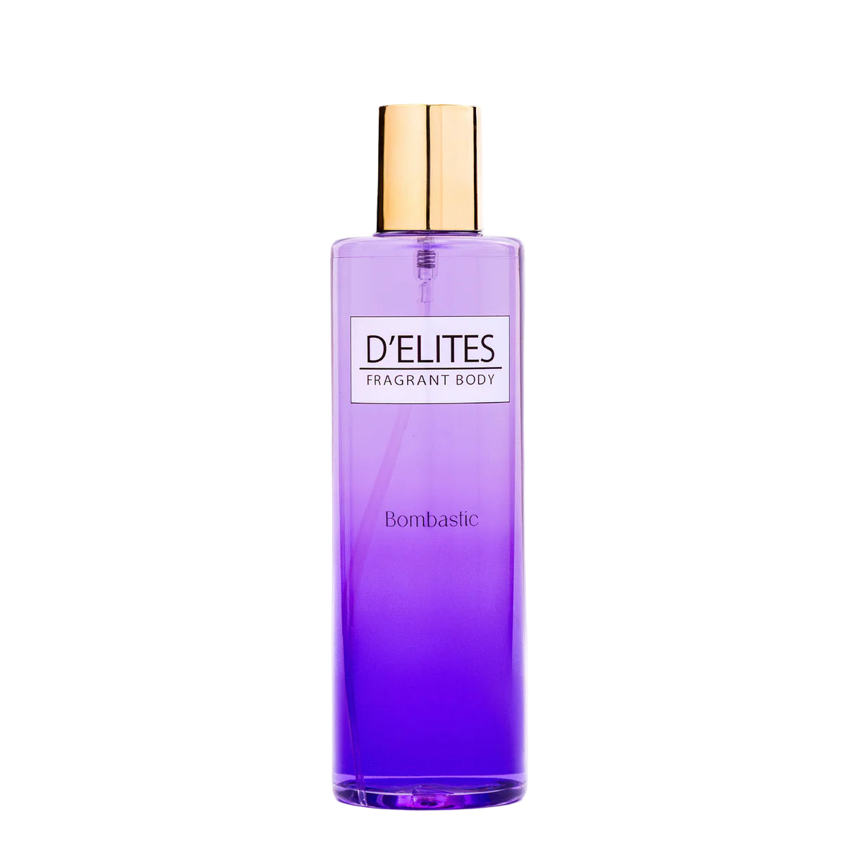 Purple bottle of D'Elites Bombastic fragrant body product on a white background