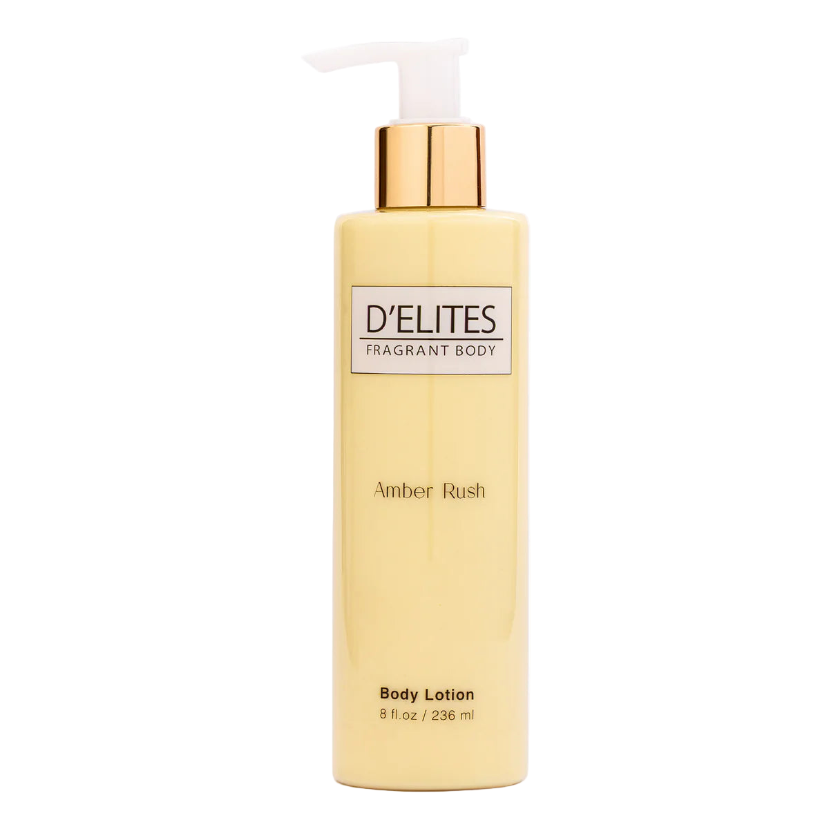 Body lotion bottle with gold pump and 'D'Elites' branding on a white background