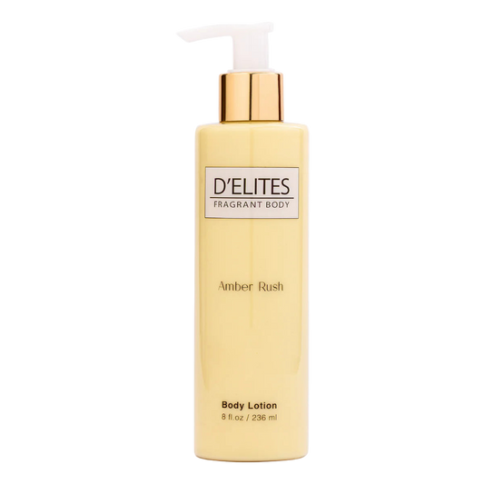 Body lotion bottle with gold pump and 'D'Elites' branding on a white background