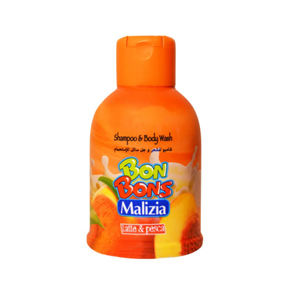 Orange bottle of Bon Bons Malizia shampoo and body wash with colorful label on a white background