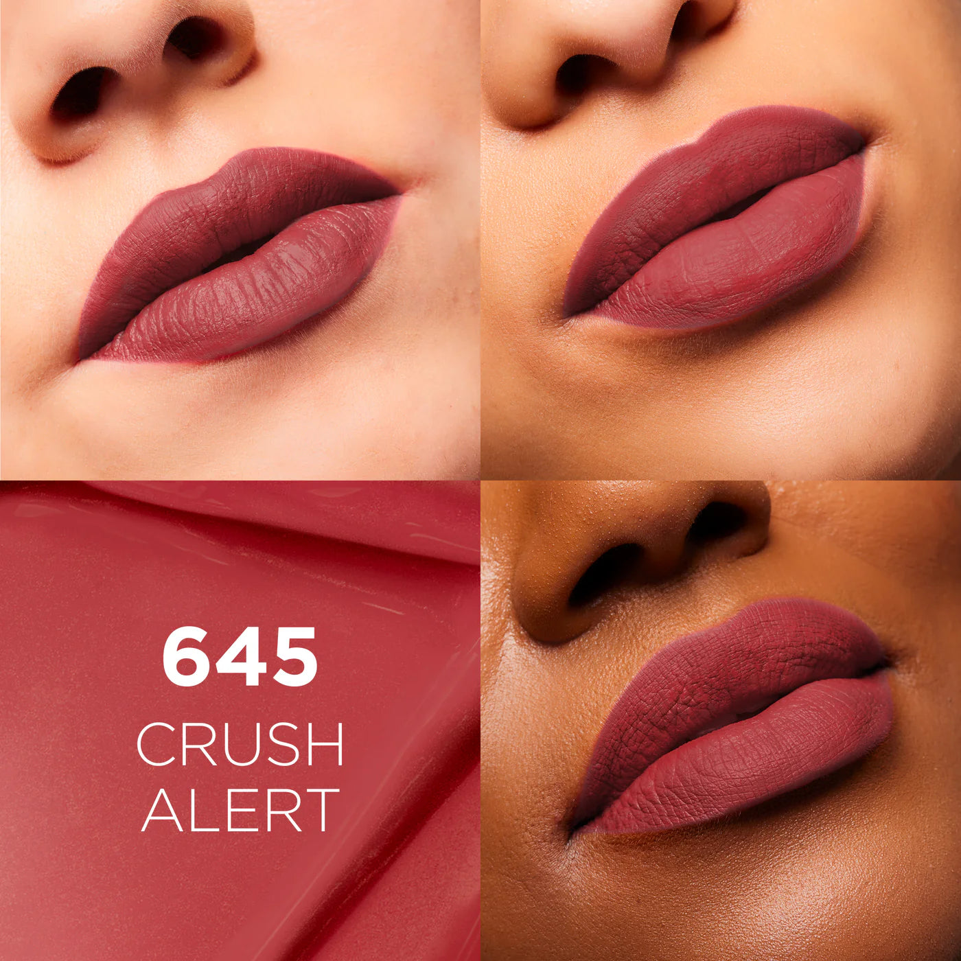Lipstick shade 645 'Crush Alert' shown on different skin tones.