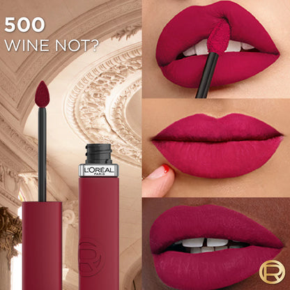 L'Oreal lipstick with '500 Wine Not?' shade, close-ups of lips with the lipstick, and architectural background.
