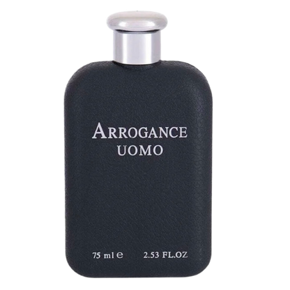 Black perfume bottle labeled 'Arrogance Uomo' on a white background