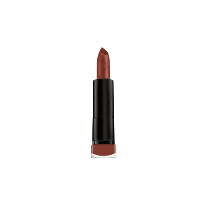 Lipstick with a black casing and red-brown color on a white background