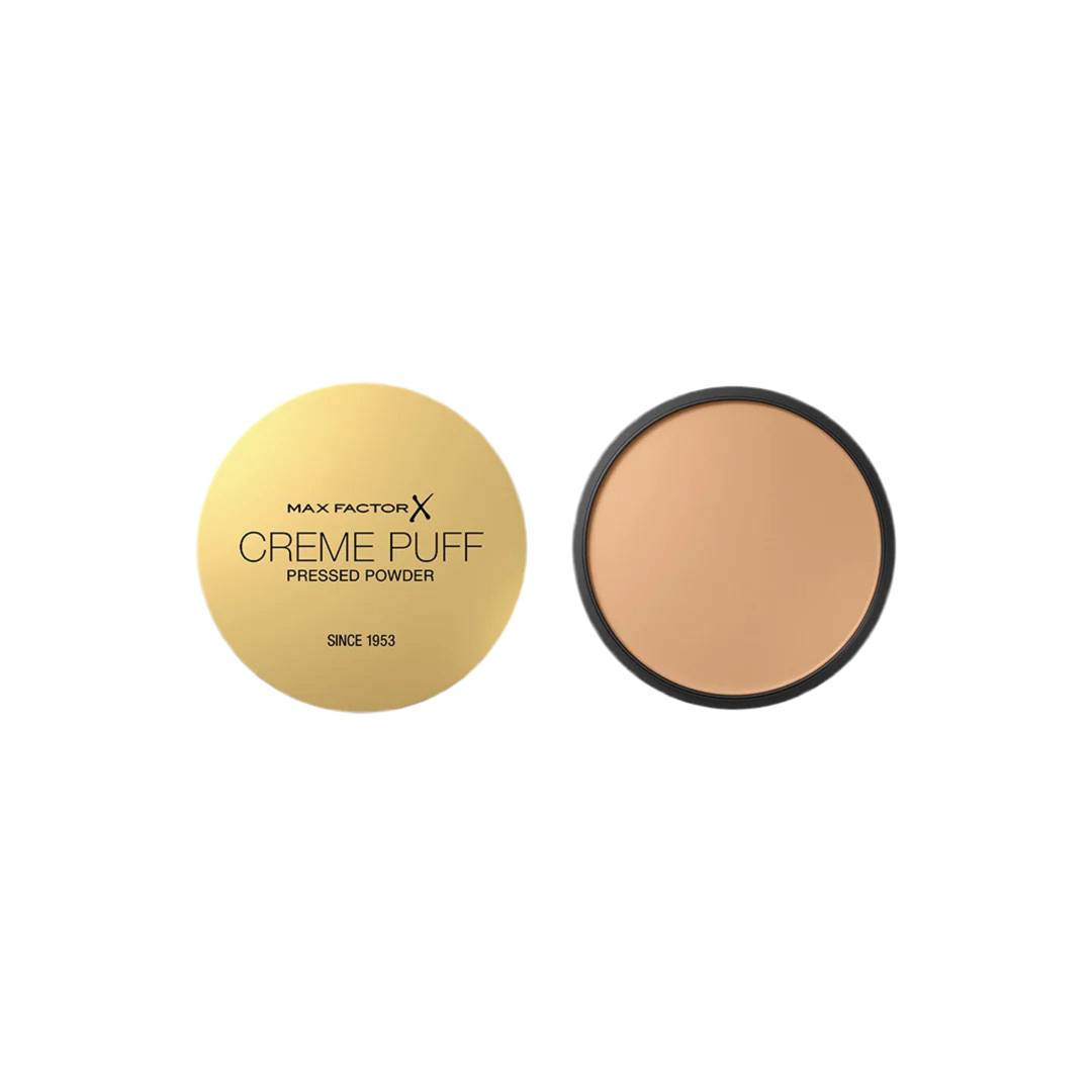 Max Factor Creme Puff pressed powder with yellow case and brown powder on a white background