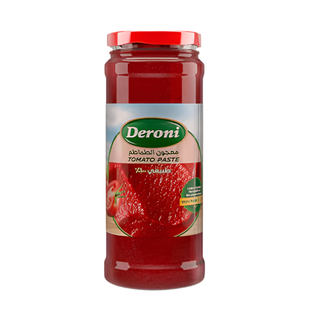 Jar of Deroni tomato paste on a white background