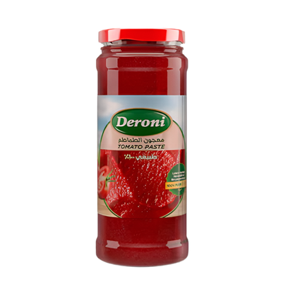 Jar of Deroni tomato paste on a white background