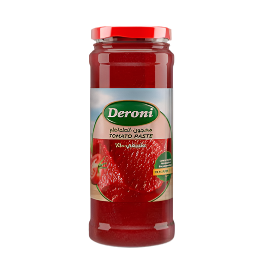 Jar of Deroni tomato paste on a white background
