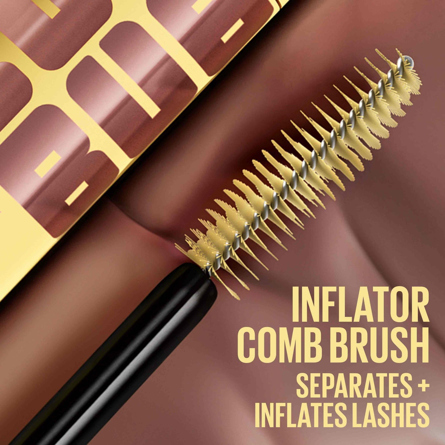 Mascara with comb brush and text on a brown background