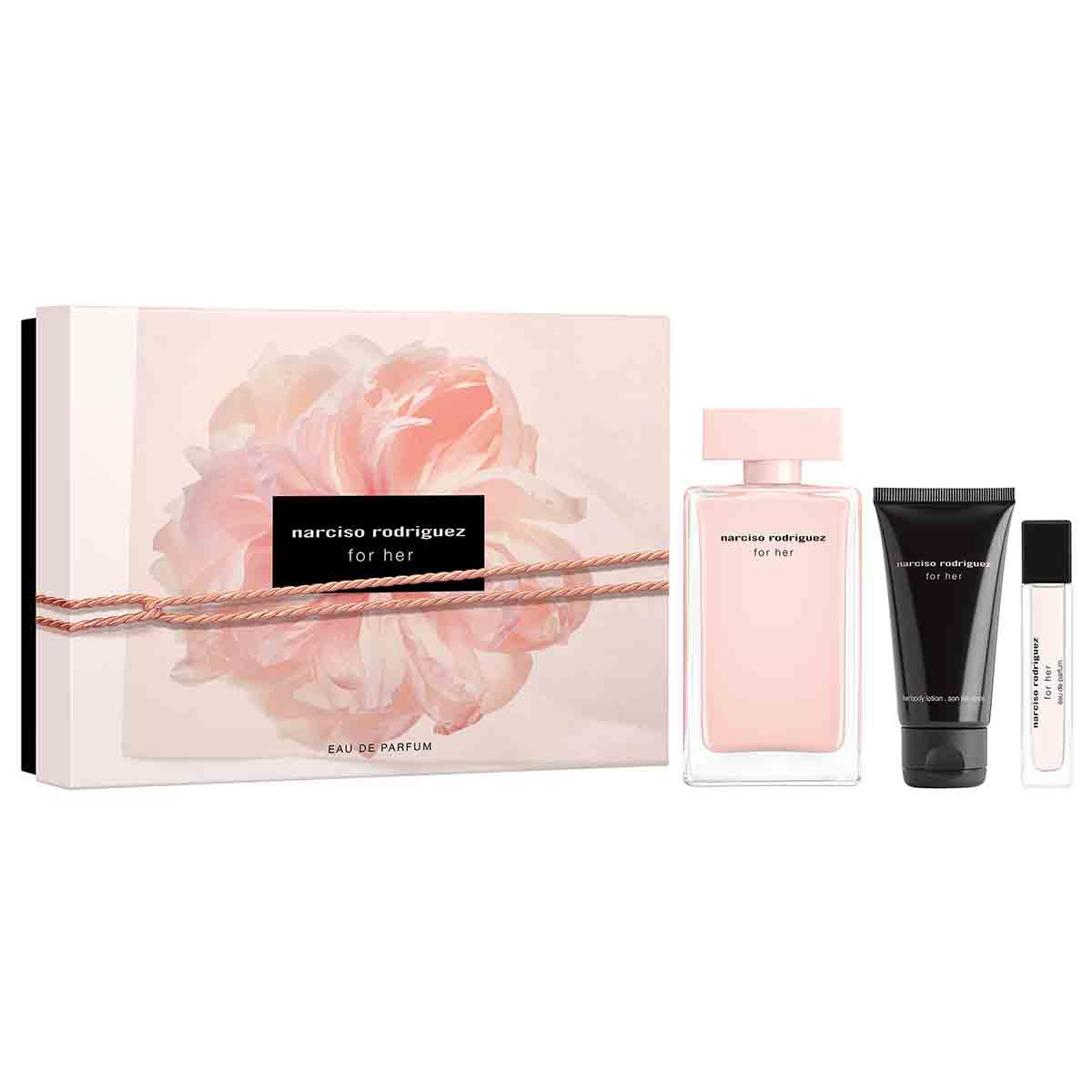 Narciso Rodriguez For Her perfume set with a box featuring a rose design on a white background