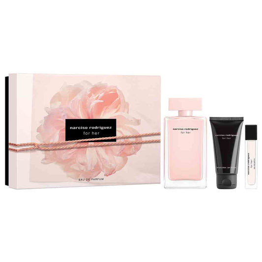 Narciso Rodriguez For Her perfume set with a box featuring a rose design on a white background