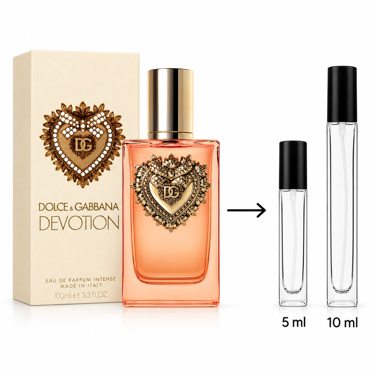 Dolce & Gabbana Devotion Eau de Parfum Intense shown with its cream-colored box, a peach-orange perfume bottle with a gold heart emblem, and two clear travel atomizer bottles labeled 5 ml and 10 ml on a white background.