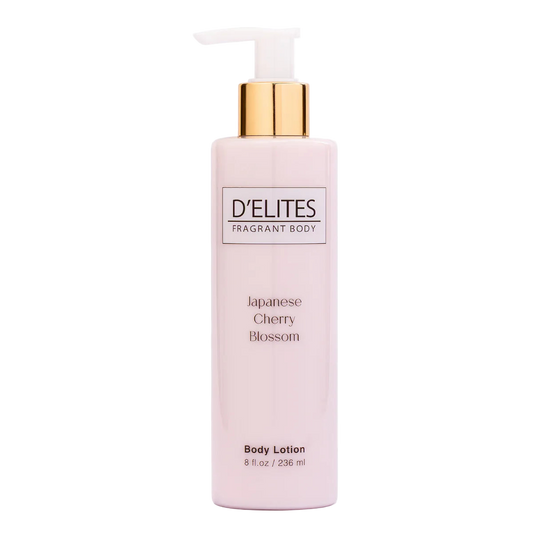 Body lotion bottle with gold pump and 'D'Elites' branding on a white background