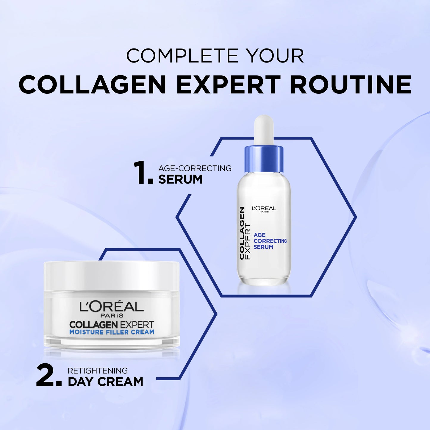 L'Oreal Collagen Expert serum and cream on a light blue background