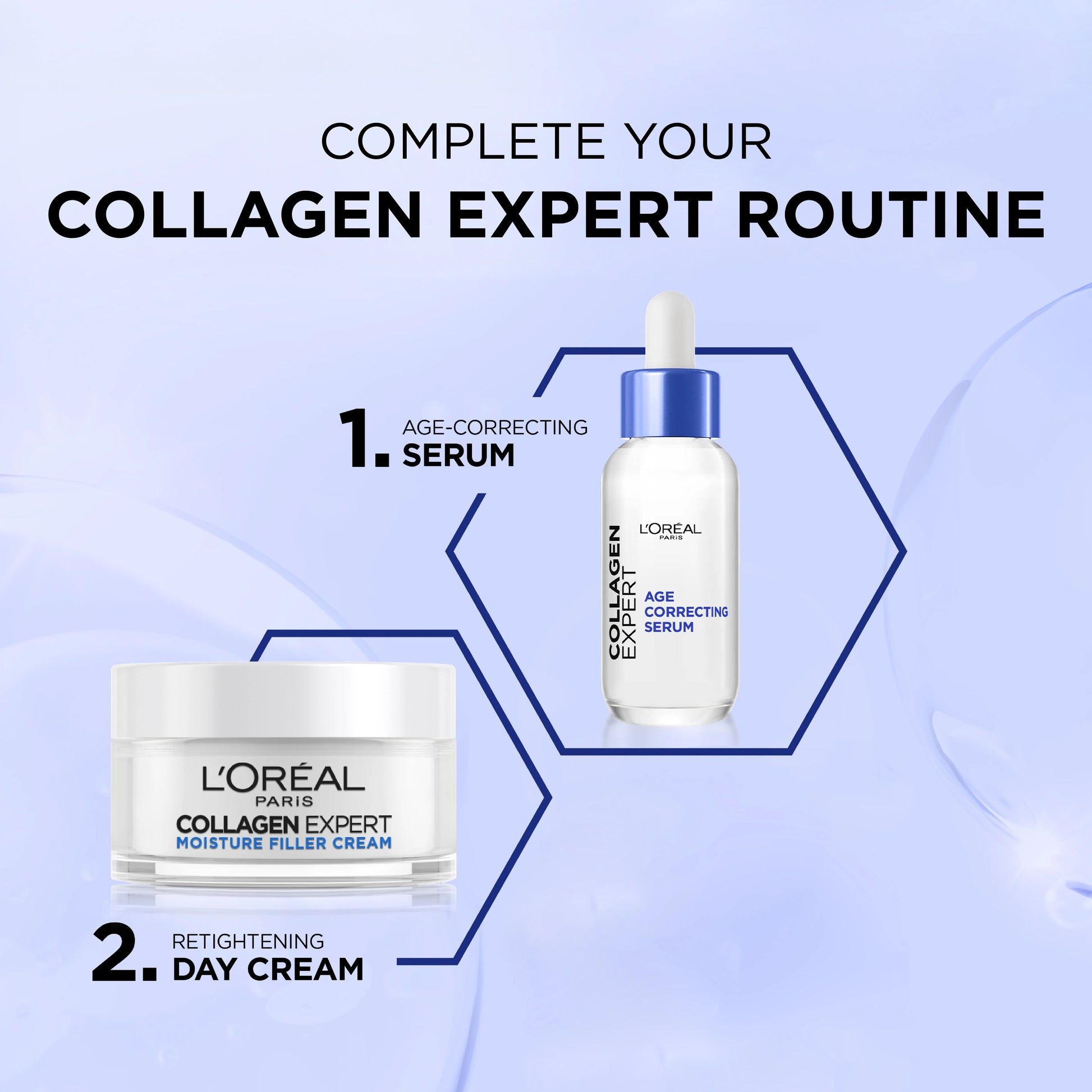 L'Oreal Collagen Expert serum and cream on a light blue background