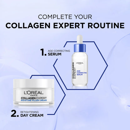 L'Oreal Collagen Expert serum and cream on a light blue background