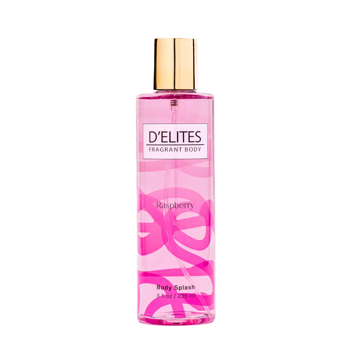Pink bottle of D'Elites Fragrant Body Splash with gold cap on a white background