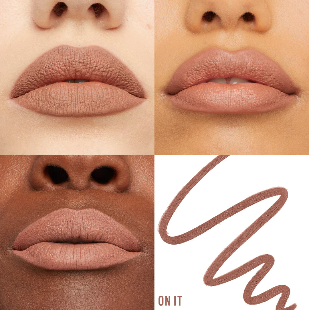 Maybelline Lifter Liner Lip Liner With Hyaluronic Acid  swatches on different skin tones with a brand logo.