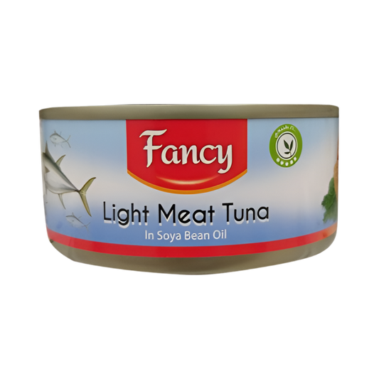 Can of Fancy light meat tuna on a white background