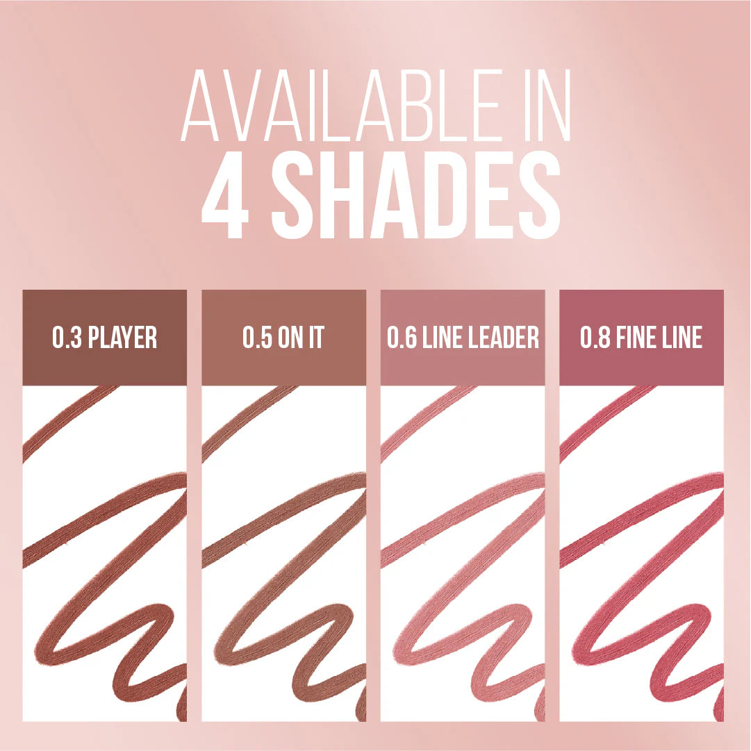 Maybelline Lifter Liner Lip Liner With Hyaluronic Acid color swatches with text indicating available shades on a pink background