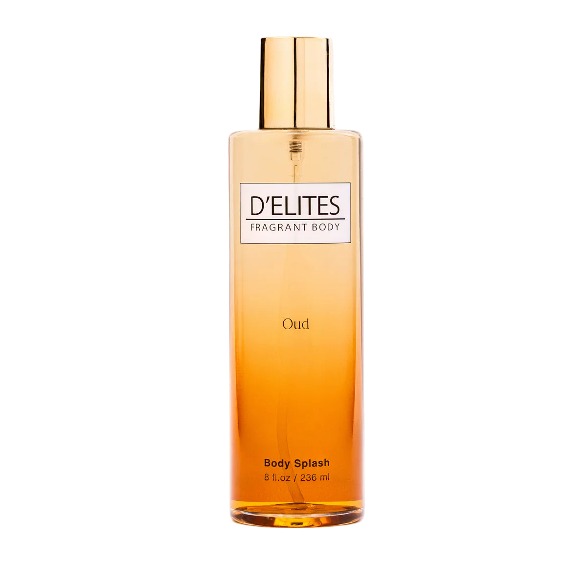 Bottle of D'Elites Oud Body Splash on a white background