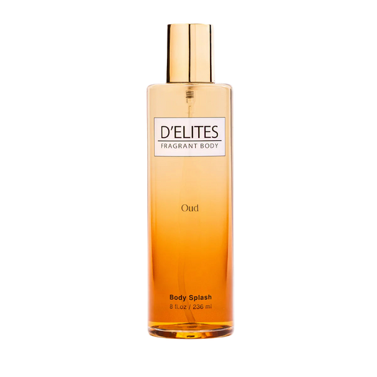 Bottle of D'Elites Oud Body Splash on a white background