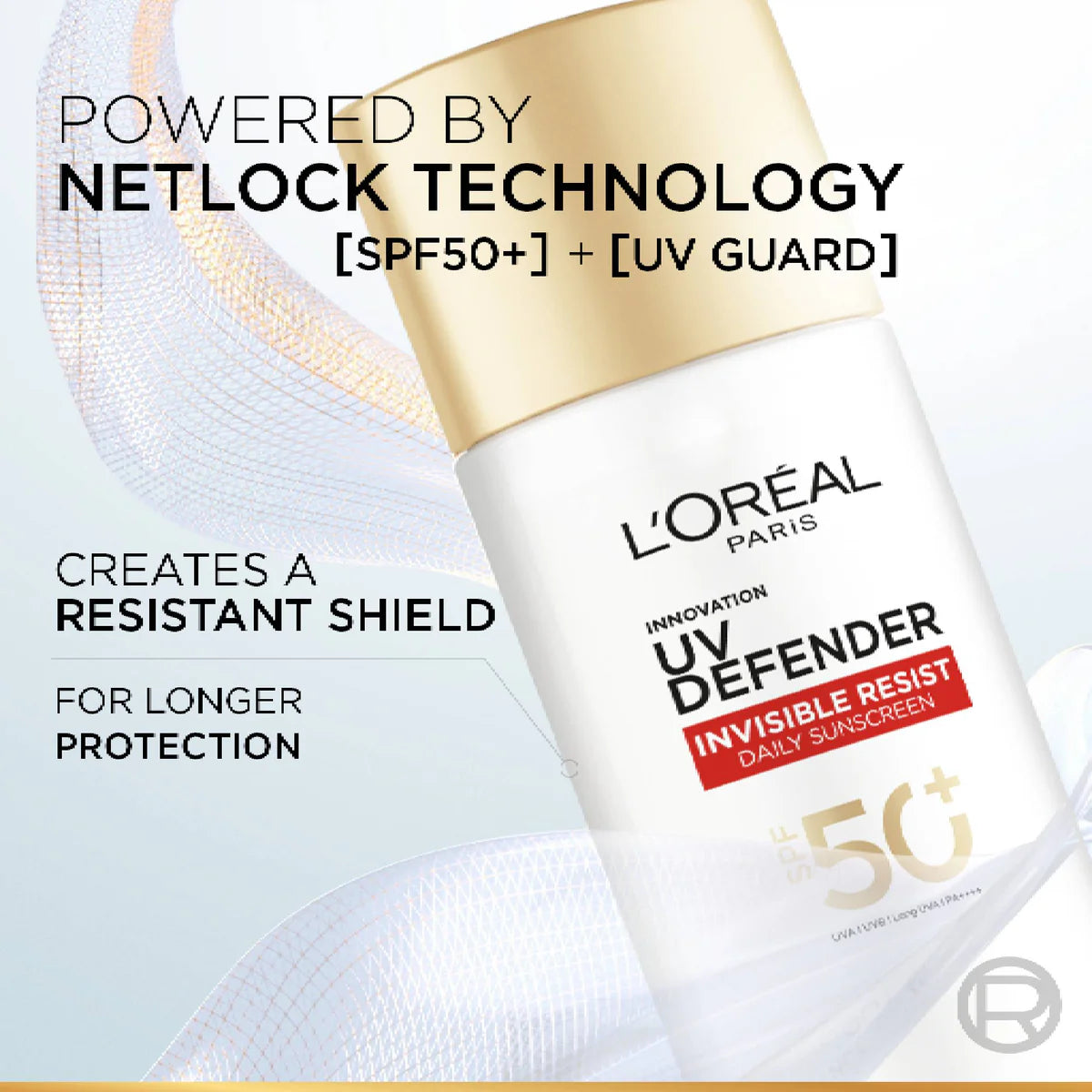 L'Oreal UV Defender sunscreen bottle with text about Netlock technology on a light background