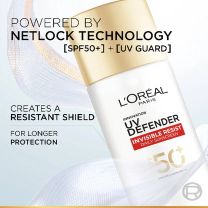 L'Oreal UV Defender sunscreen bottle with text about Netlock technology on a light background