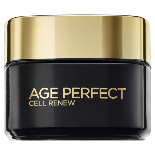 Cosmetic jar labeled 'Age Perfect Cell Renew' with gold lid on a white background