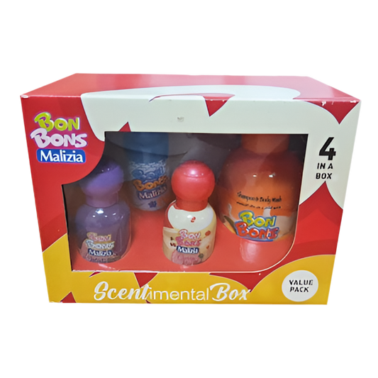 Box of Bon Bons Malizia scented products with four bottles inside on a white background