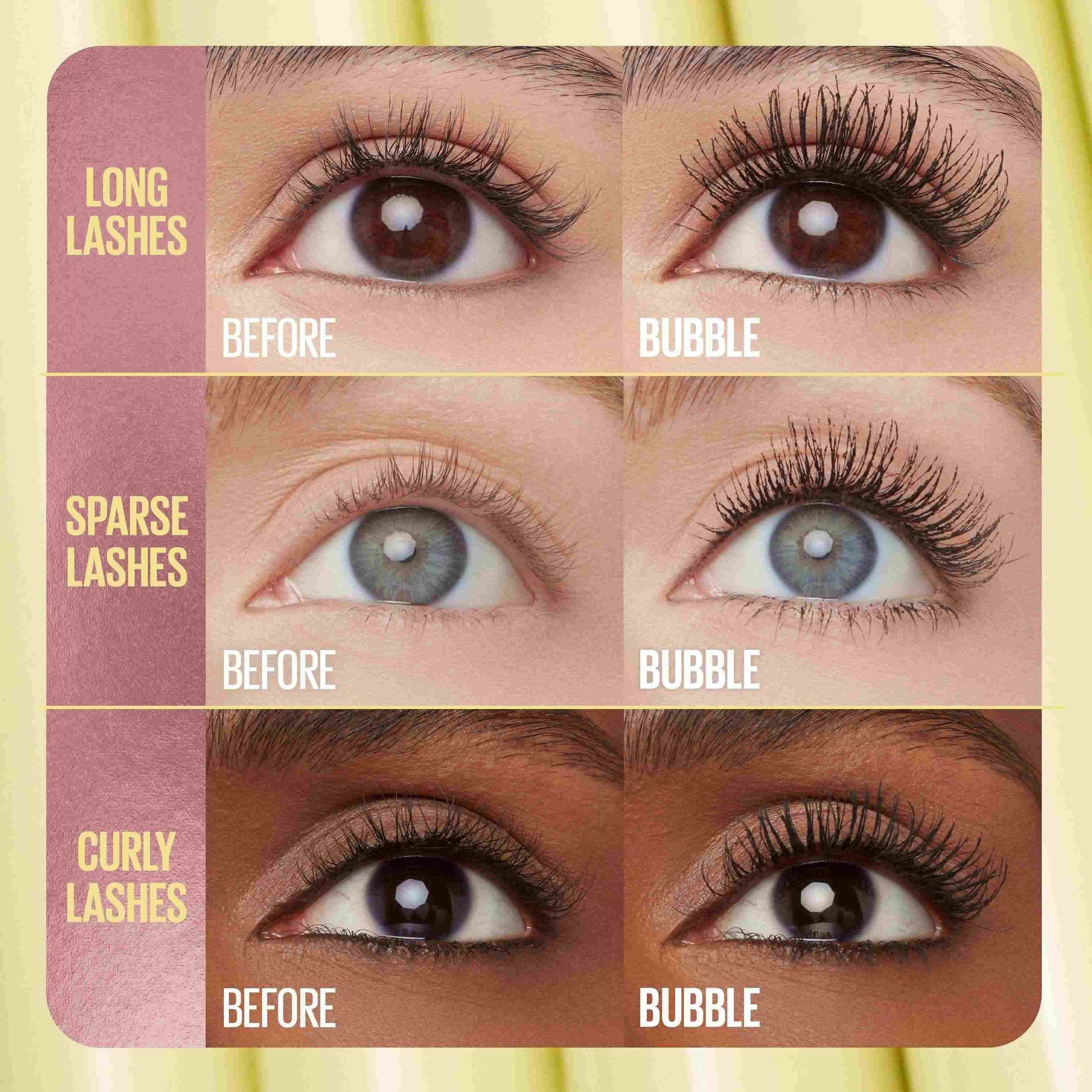 Before and after comparison of eye lashes with 'Bubble' product application on a yellow background.