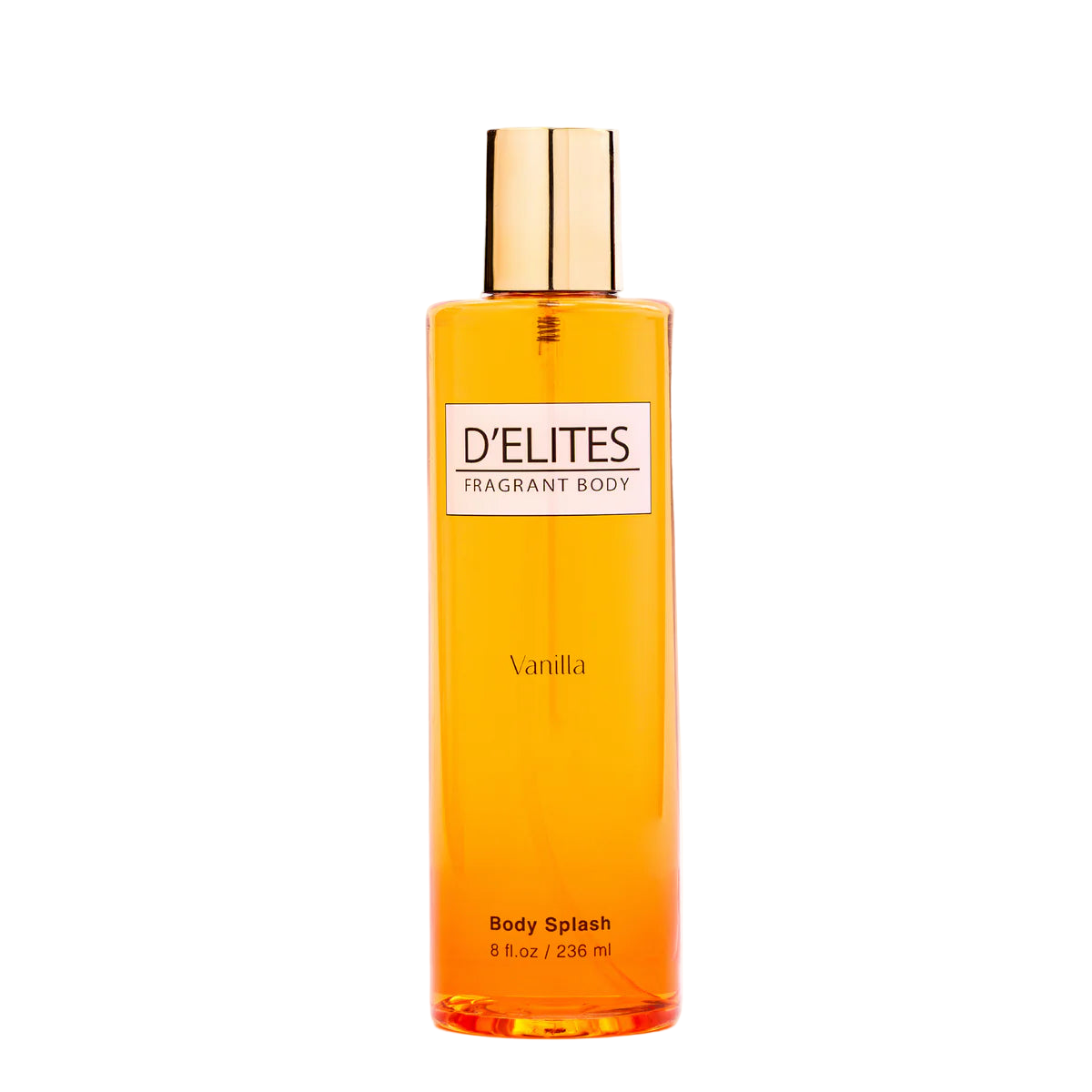 Orange bottle of D'Elites Vanilla Body Splash on a white background