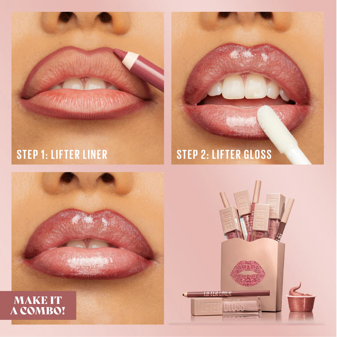 Lip makeup tutorial with 'Lifter Liner' and 'Lifter Gloss' on a pink background, featuring a product box and lip gloss.