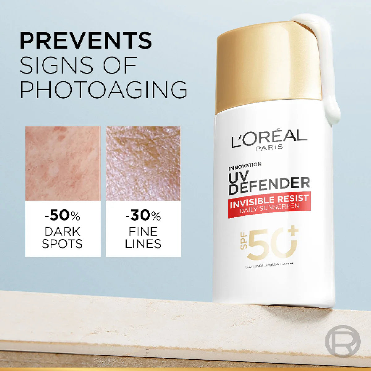 L'Oreal UV Defender sunscreen bottle with skin texture comparison on a light blue background