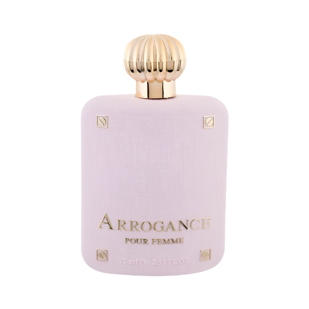 Perfume bottle labeled 'Arrogance Pour Femme' with a gold cap on a white background