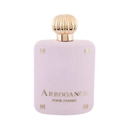 Perfume bottle labeled 'Arrogance Pour Femme' with a gold cap on a white background