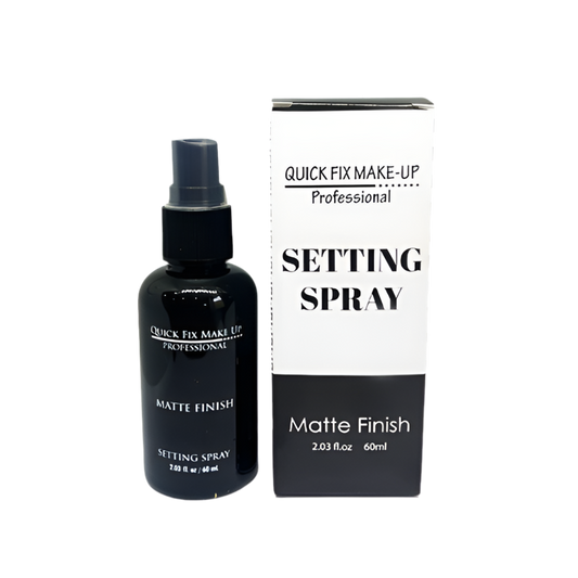 Black setting spray bottle and packaging with 'Quick Fix Make-Up' branding on a white background.