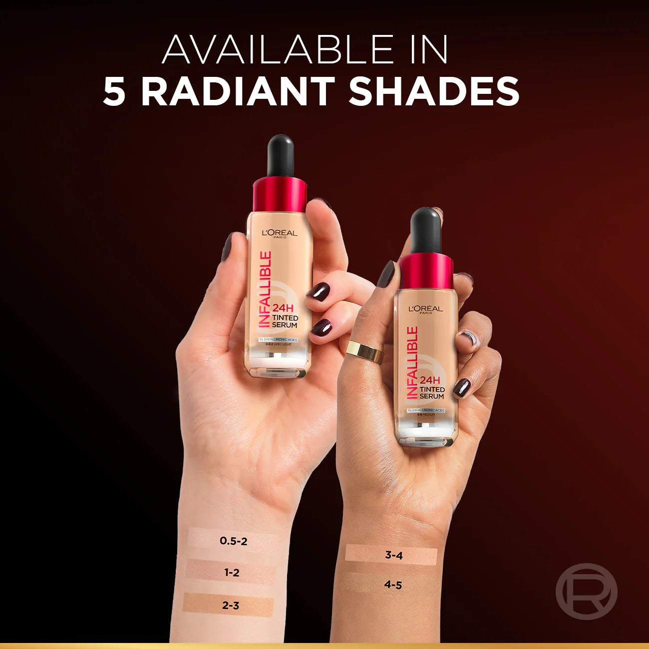 Two hands holding L'Oreal Infallible makeup products with color swatches on a dark background.