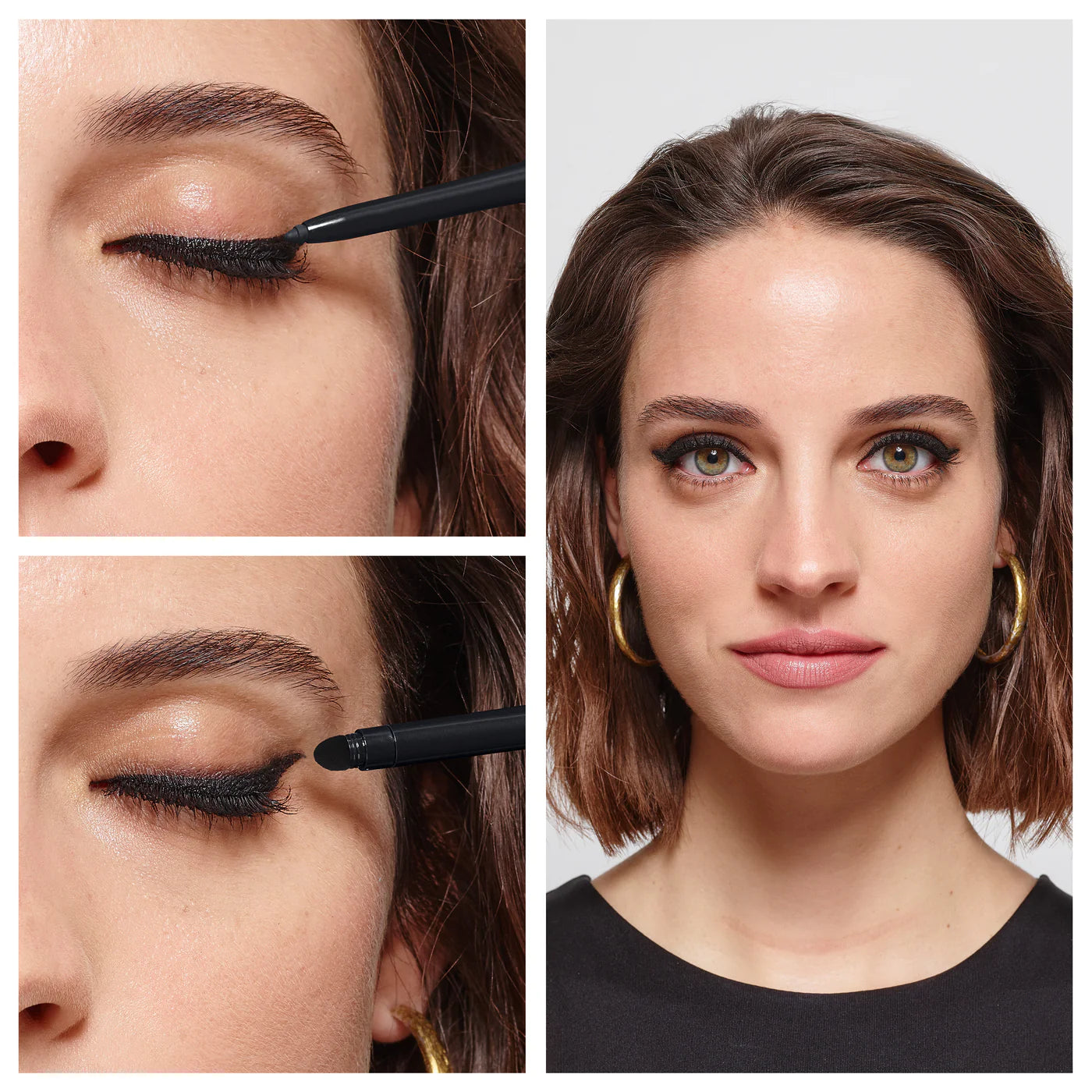 Step-by-step makeup tutorial showing eyeliner application on a woman's eyes.