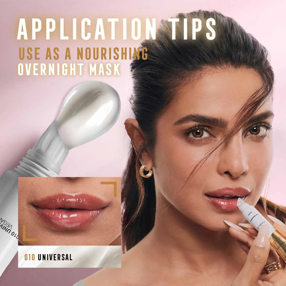 Woman applying lip balm with text on application tips and product use.