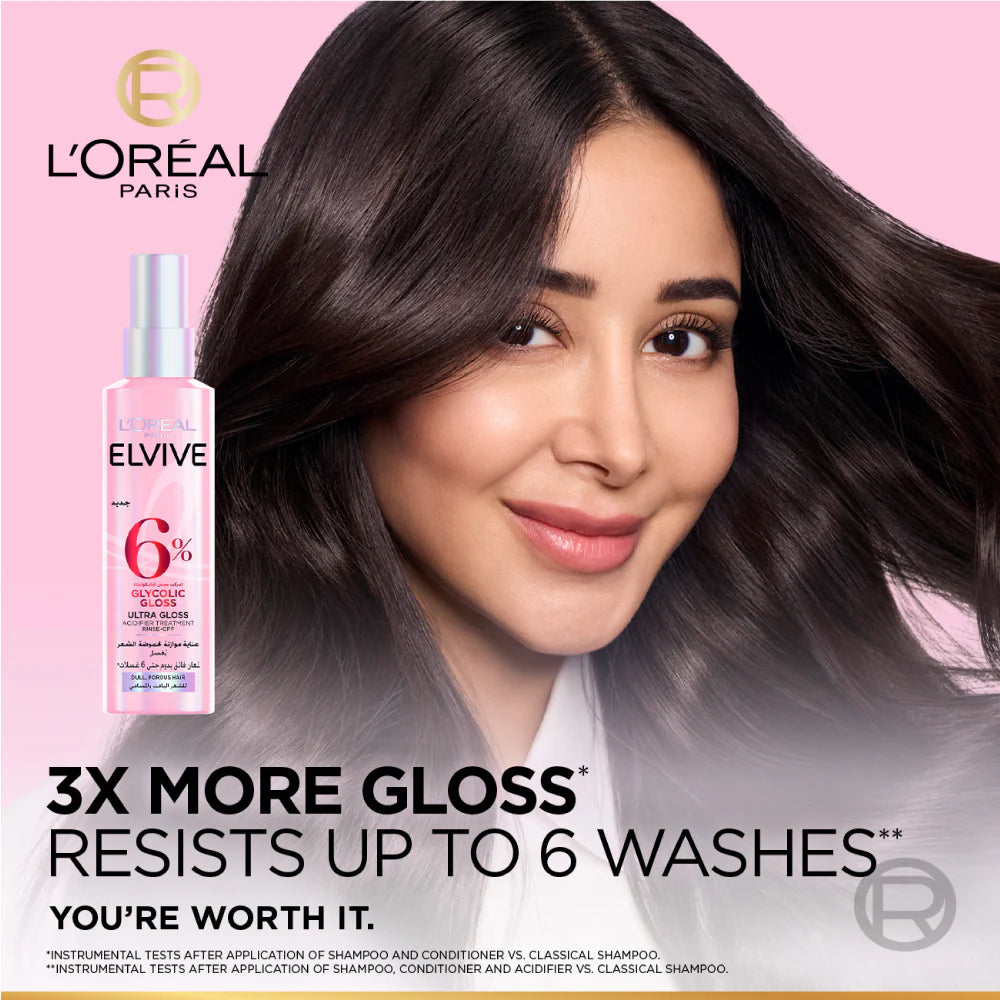 L'Oreal Paris Elvive hair care product with a model and pink background