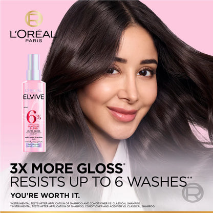 L'Oreal Paris Elvive hair care product with a model and pink background