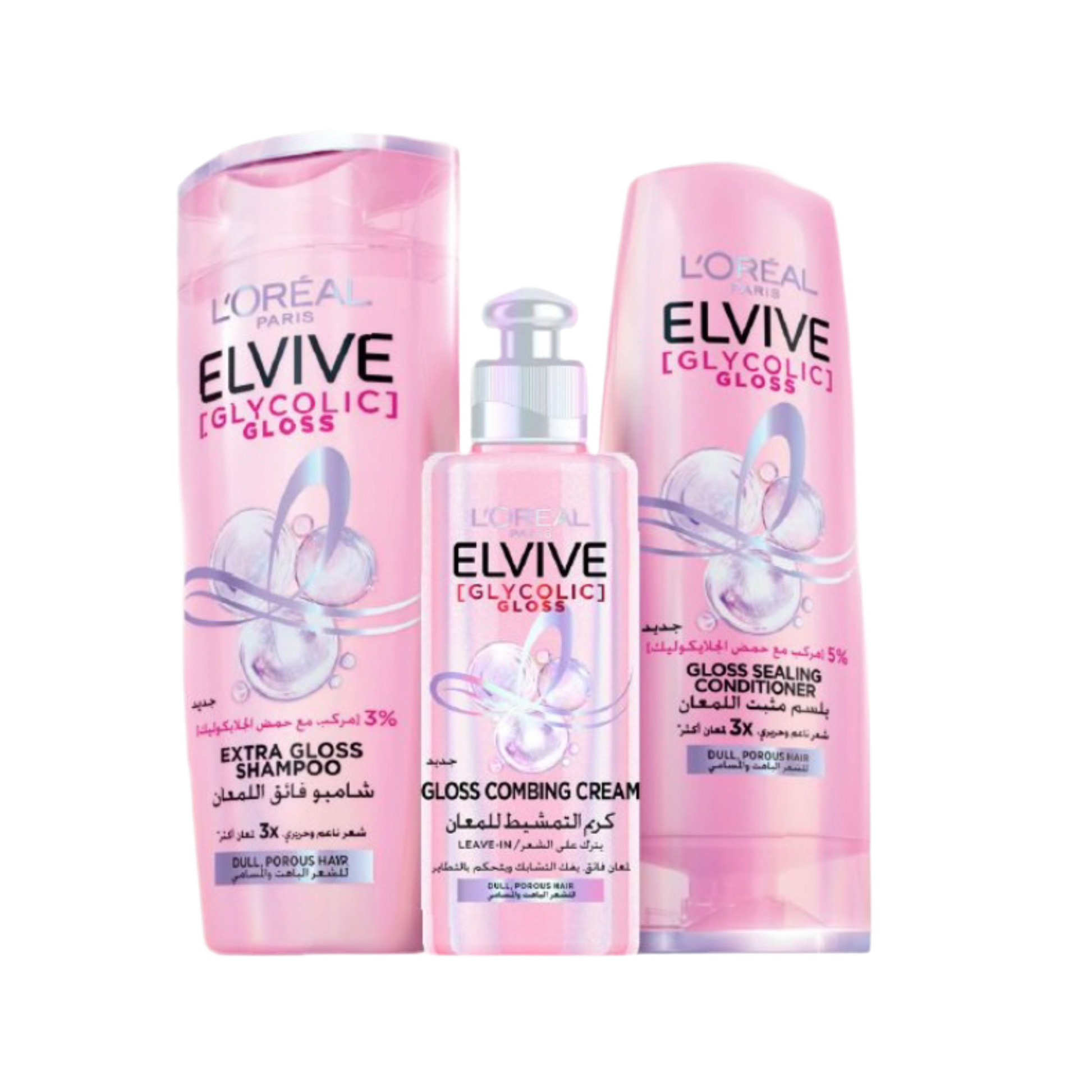 L'Oreal Elvive Glycolic Gloss hair care products on a white background