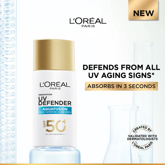 L'Oreal Paris UV Defender SPF 50 product with branding and text on a white background